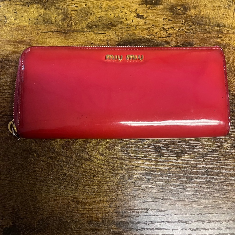 Miu Miu Glossy Red Long Bow Wallet zip around